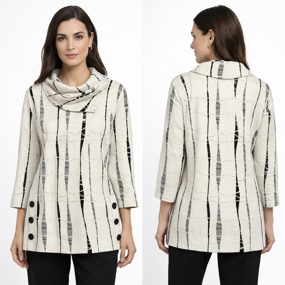 Ali Miles Tops - ALI MILES Tunic Womens Medium Ivory Black Jacquard Quiet Luxury Abstract Artsy